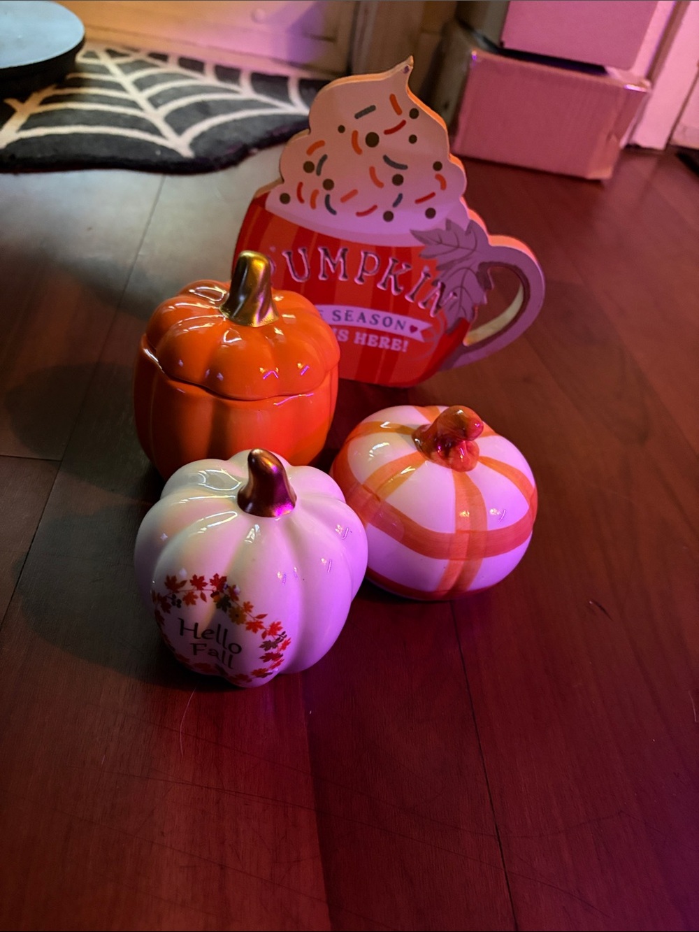 Autumn Ceramic Pumpkin Trio - Orange & White Fall Decor with Wooden Fall Sign